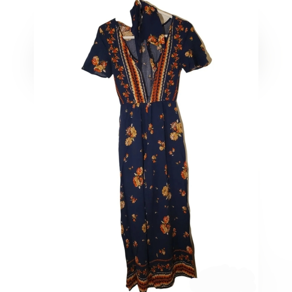 ♥️BAND OF GYPSIES WOMEN'S JUMPSUIT FLORAL NAVY BLUE EXTRA SMALL FRONT TIE ♥️